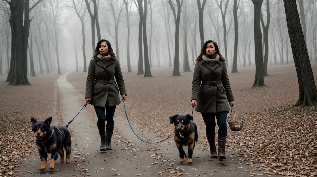 Aggressive Hunde im Wald trainieren: Warum Einsamkeit nicht die Lösung ist – Frau geht mit maulkorbtragendem Hund einen ruhigen Weg am Wasser entlang