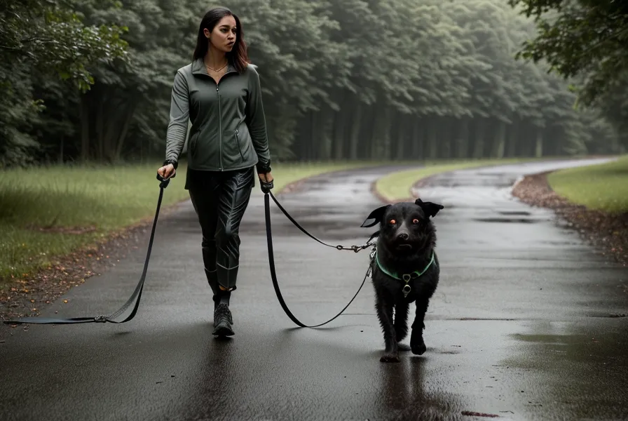 Eine Frau führt ihren Hund an langer Leine auf einem nassen Weg im Grüngürtel am Äußeren Kanalufer – Deeskalation bei einem aggressiven Hund im Alltag