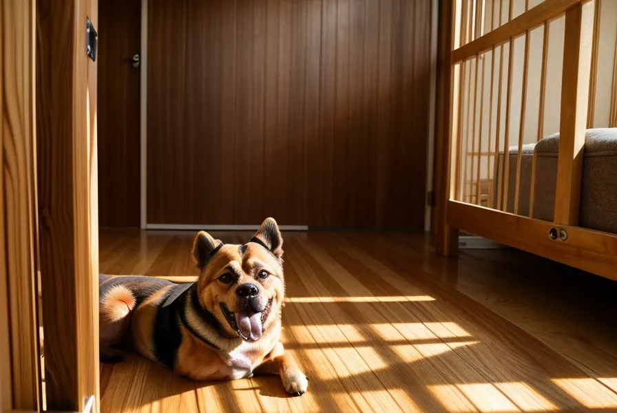Ein Hund ruht entspannt hinter einem Schutzgitter in der Wohnung - Beziehungsarbeit trotz sozialer Isolation und Maulkorballtag