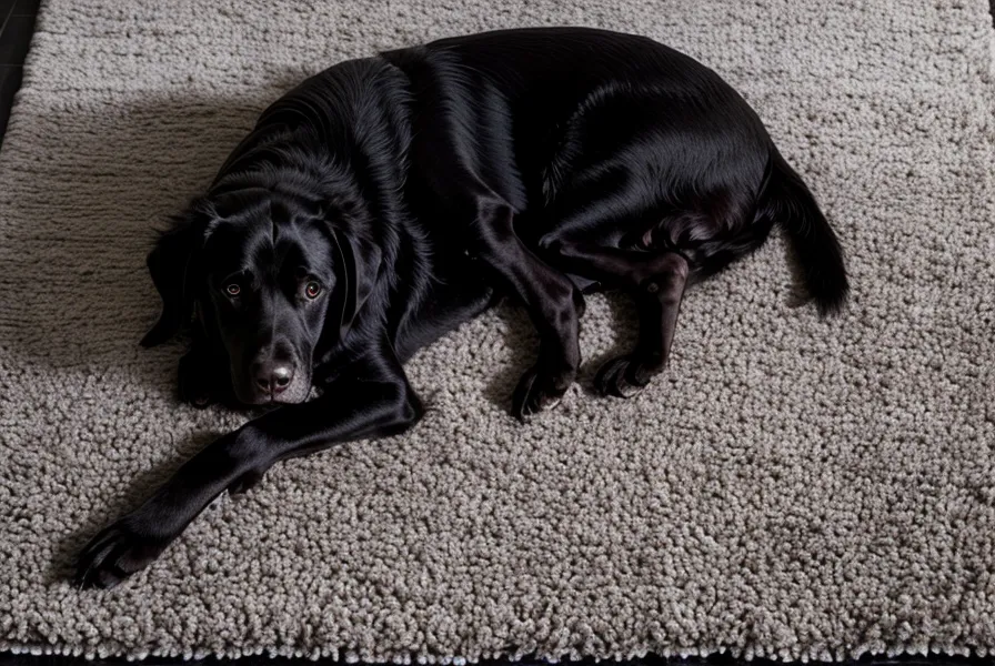 Hund liegt mit Abstand im Wohnzimmer – Individualdistanz und Ruhe nach der Verhaltenstherapie