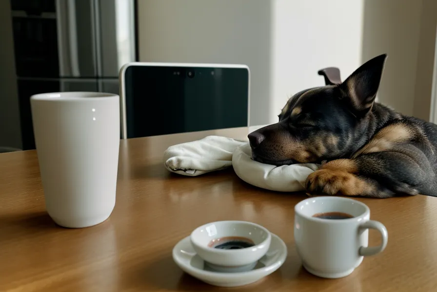 Smartphone zeigt per Kamera den schlafenden Hund im Flur beim sicheren Alleinlassen nach dem Beißvorfall