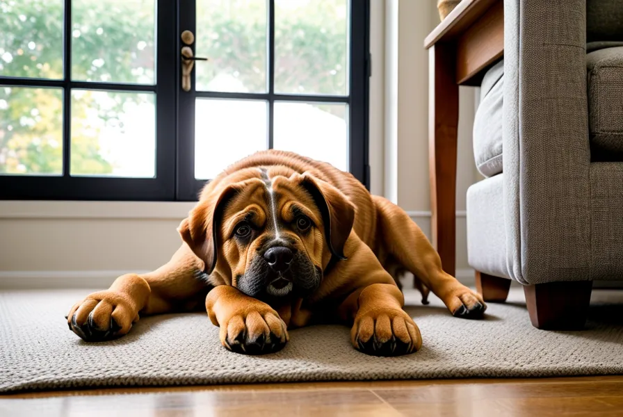 Bissiger Hund entspannt: Hundepfoten ruhen auf einer Decke unter dem Küchentisch während eines Besuchs.
