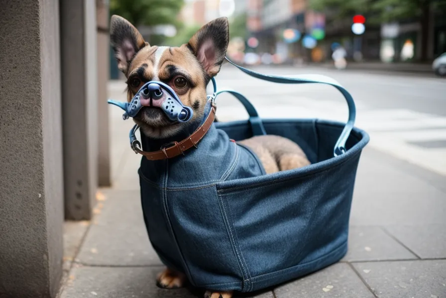 Ein Hund mit Maulkorb steht ruhig an der Leine auf einem Kölner Gehweg — reaktiver Hund im Maulkorballtag