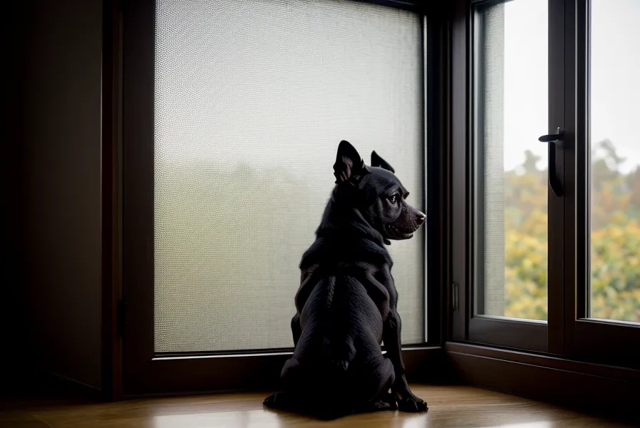 Tierschutzhund beobachtet aus sicherem Abstand am Fenster – Individualdistanz und Maulkorbtraining im Alltag