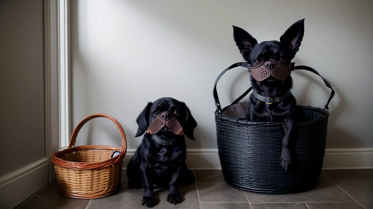 Stadthund-Management im Alltag: Hund mit Maulkorb sitzt ruhig neben seiner Halterin auf einer Bank im Grüngürtel