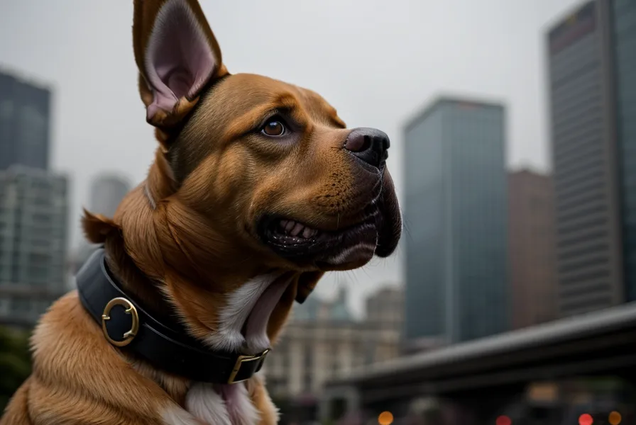 Körpersprache-hund im Stadtverkehr: Blick eines angeleinten Hundes auf eine belebte Kölner Straße
