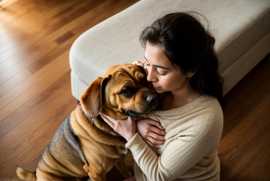 Angstbeisser-Training zuhause: eine Hand ruht beruhigend auf der Schulter des Hundes im Wohnzimmer