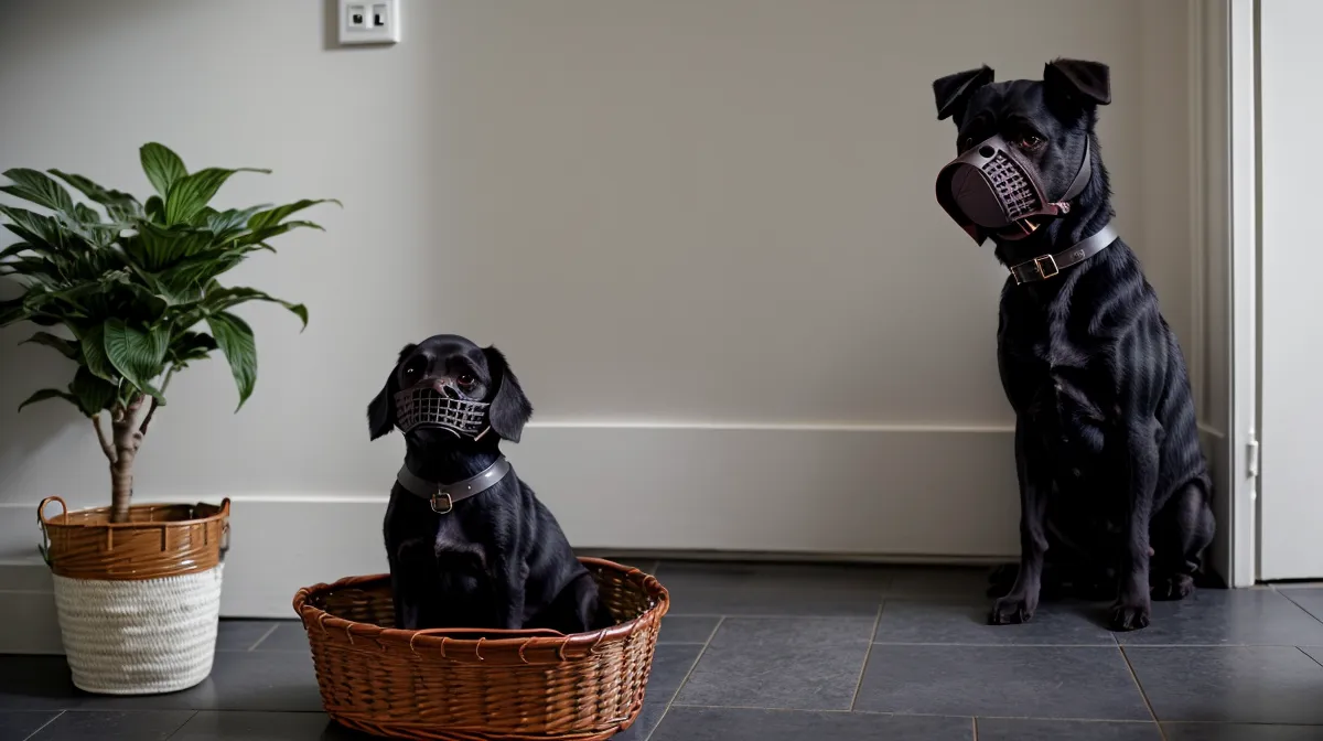 Individualdistanz beim Hund erkennen: Angsthund mit Maulkorb hält bewusst Abstand zu einem Passanten am Rheinufer