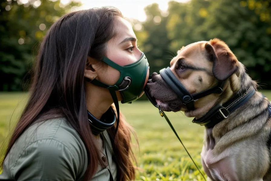 Blickkontakt beim Maulkorbtraining zwischen Halterin und Tierschutzhund während des Spaziergangs