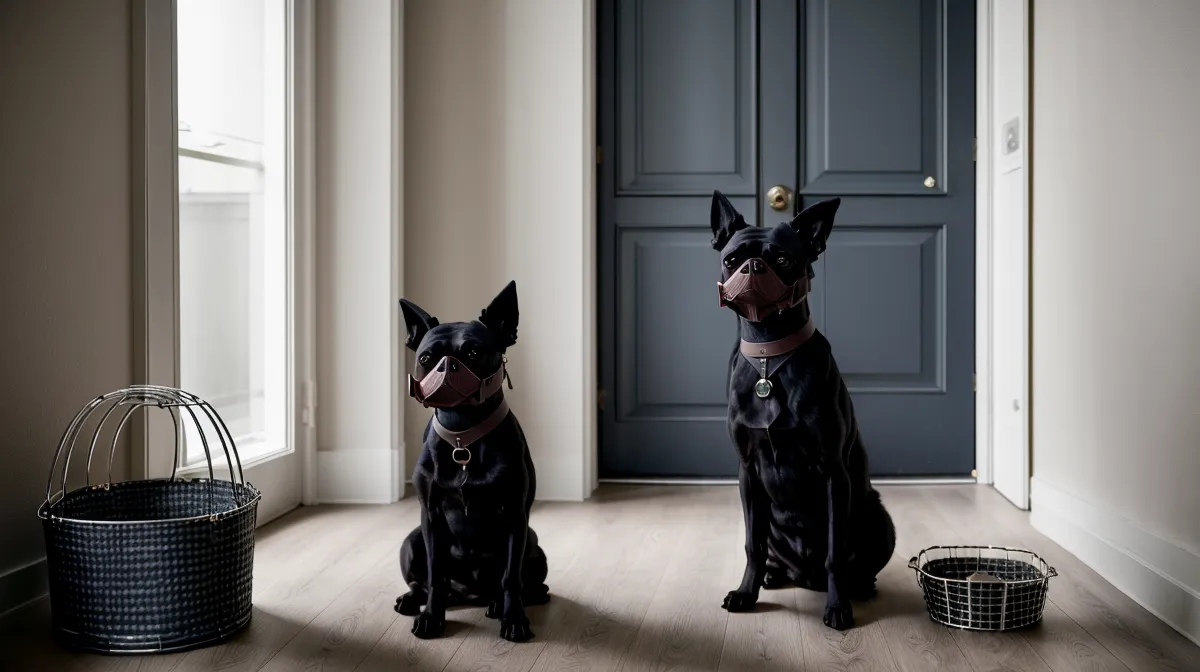 Maulkorbtraining für aggressive Hunde: Halterin führt einen Hund mit Drahtkorb-Maulkorb sicher an der Leine