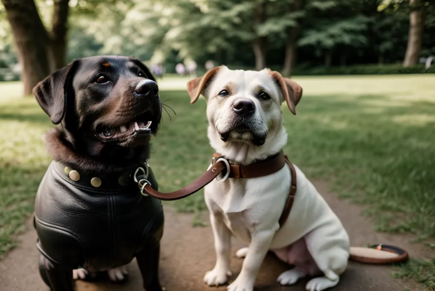 Perspektive einer Halterin, die ihren Hund mit Maulkorb sicher an der Leine durch einen Park führt.