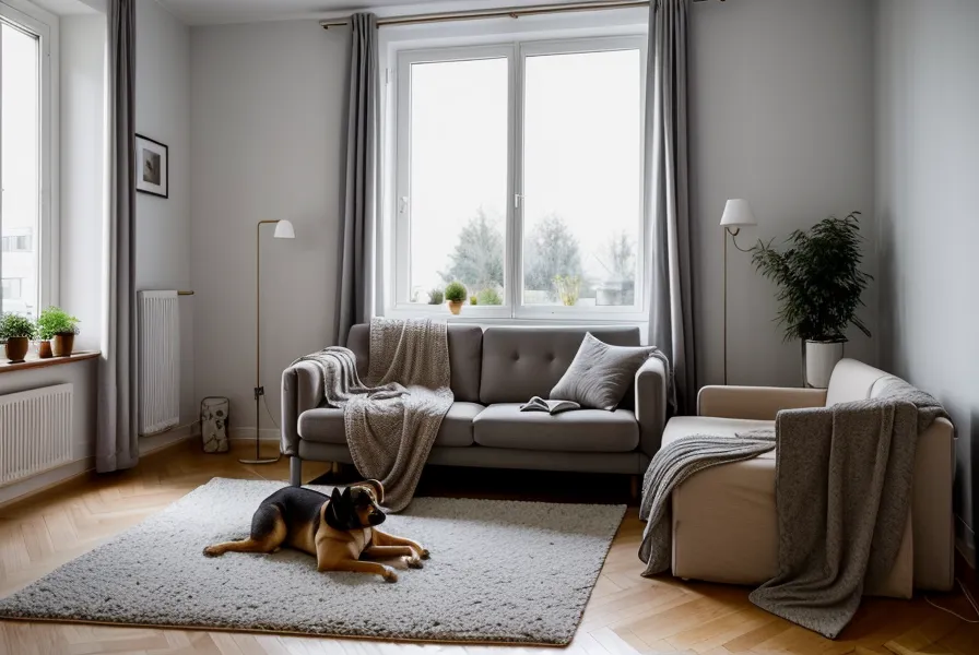 Wohnzimmerszene mit respektvoller Distanz zwischen Mensch und Hund im Alltag mit Hundeverhalten