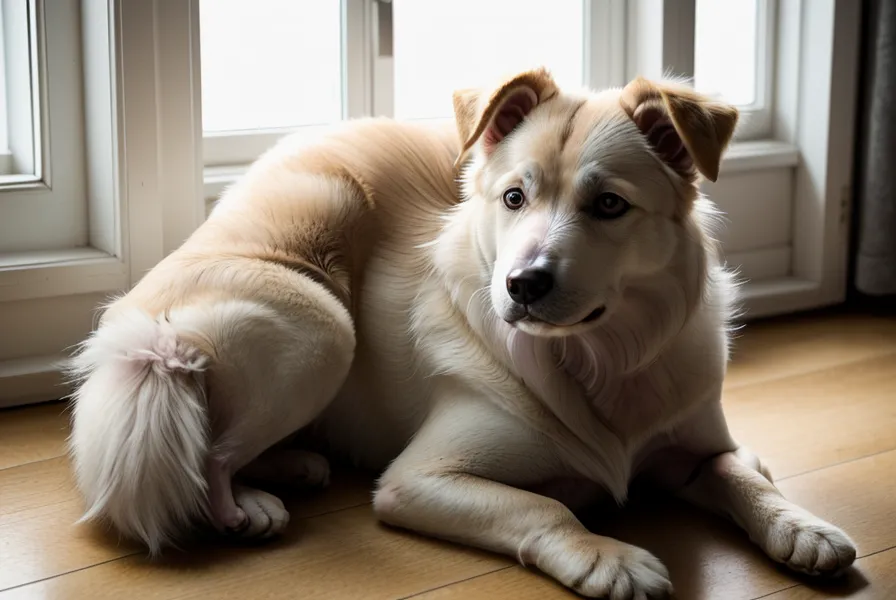 Beruhigende Hand auf der Schulter des Hundes während des medizinischen Trainings beim Tierarzt