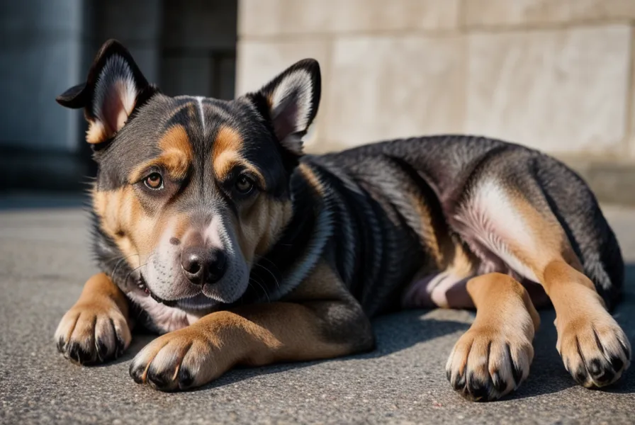 Ein Hund mit Beißvorfall ruht entspannt auf der Terrasse eines Ferienhauses und beobachtet die Umgebung.