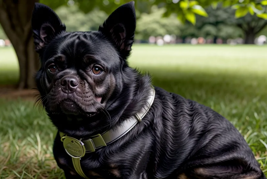 Hund mit Maulkorb ruht sich im Schatten aus, während im Hintergrund Fußgänger vorbeigehen