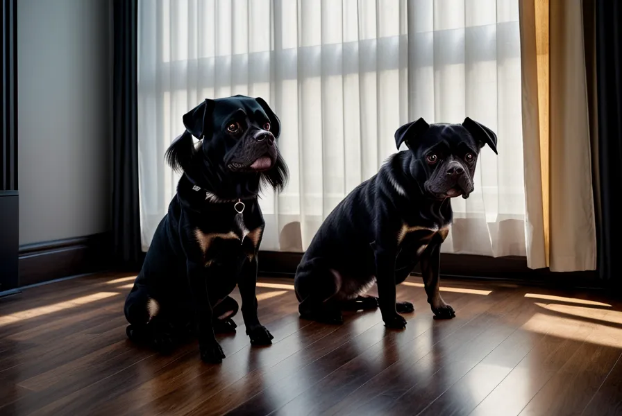 Vorstufe umgeleiteter Aggression beim Hund – ein dunkler Hund steht angespannt am Fenster und fixiert etwas im Freien