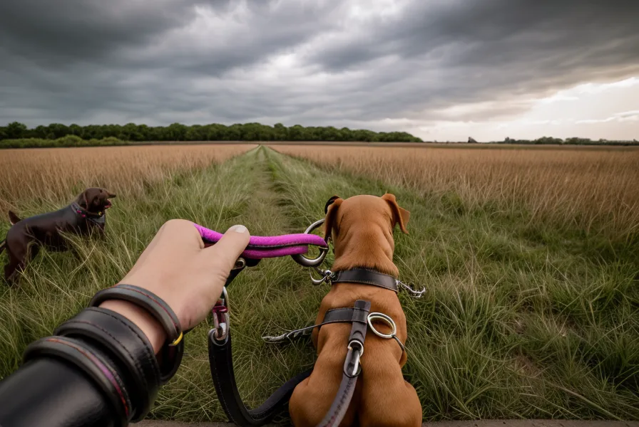Perspektive einer Hundehalterin beim Wesenstest-Training mit Regenschirm-Reiz für einen reaktiven Hund