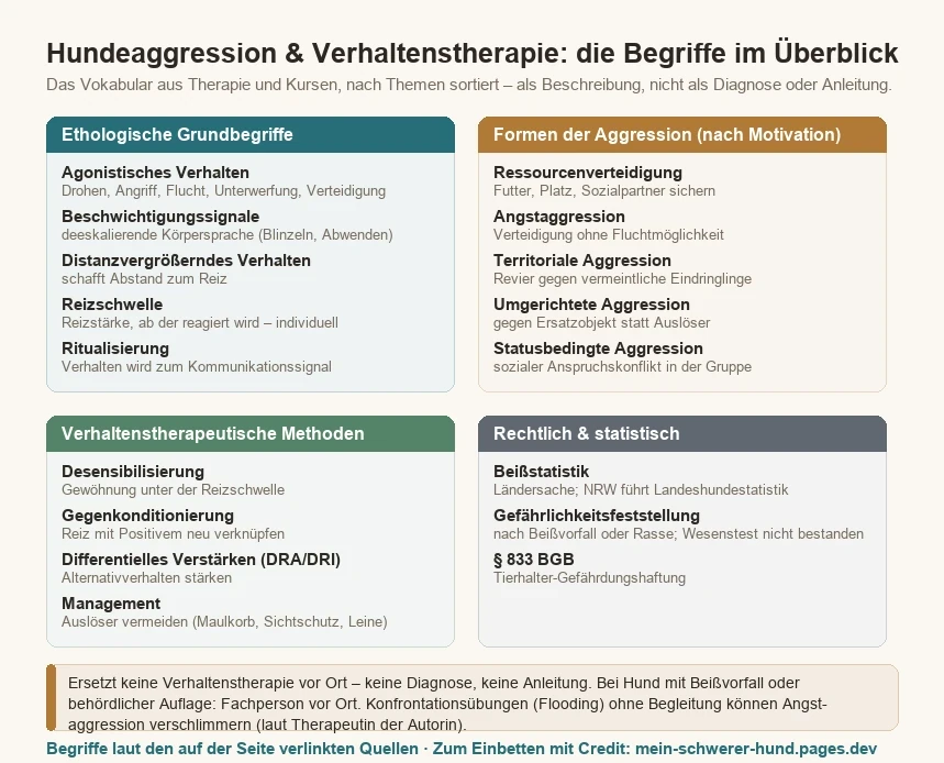 Übersicht der Begriffe rund um Hundeaggression und Verhaltenstherapie in vier Themengruppen: ethologische Grundbegriffe, Formen der Aggression, therapeutische Methoden sowie rechtliche und statistische Begriffe